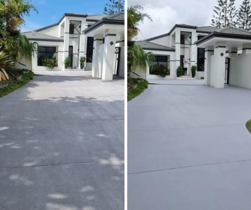 Before and after photos of repaired and painted driveway in Huntington Beach California. Fixed the cracks in the driveway and put on a driveway color stain. Happy customers.