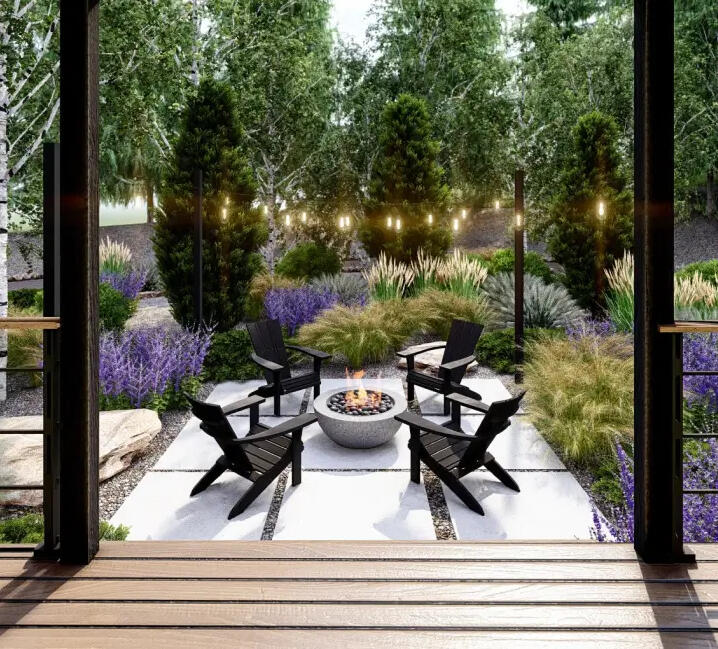 Large concrete pavers with chairs around firepit in a backyard with beautiful landscaping.