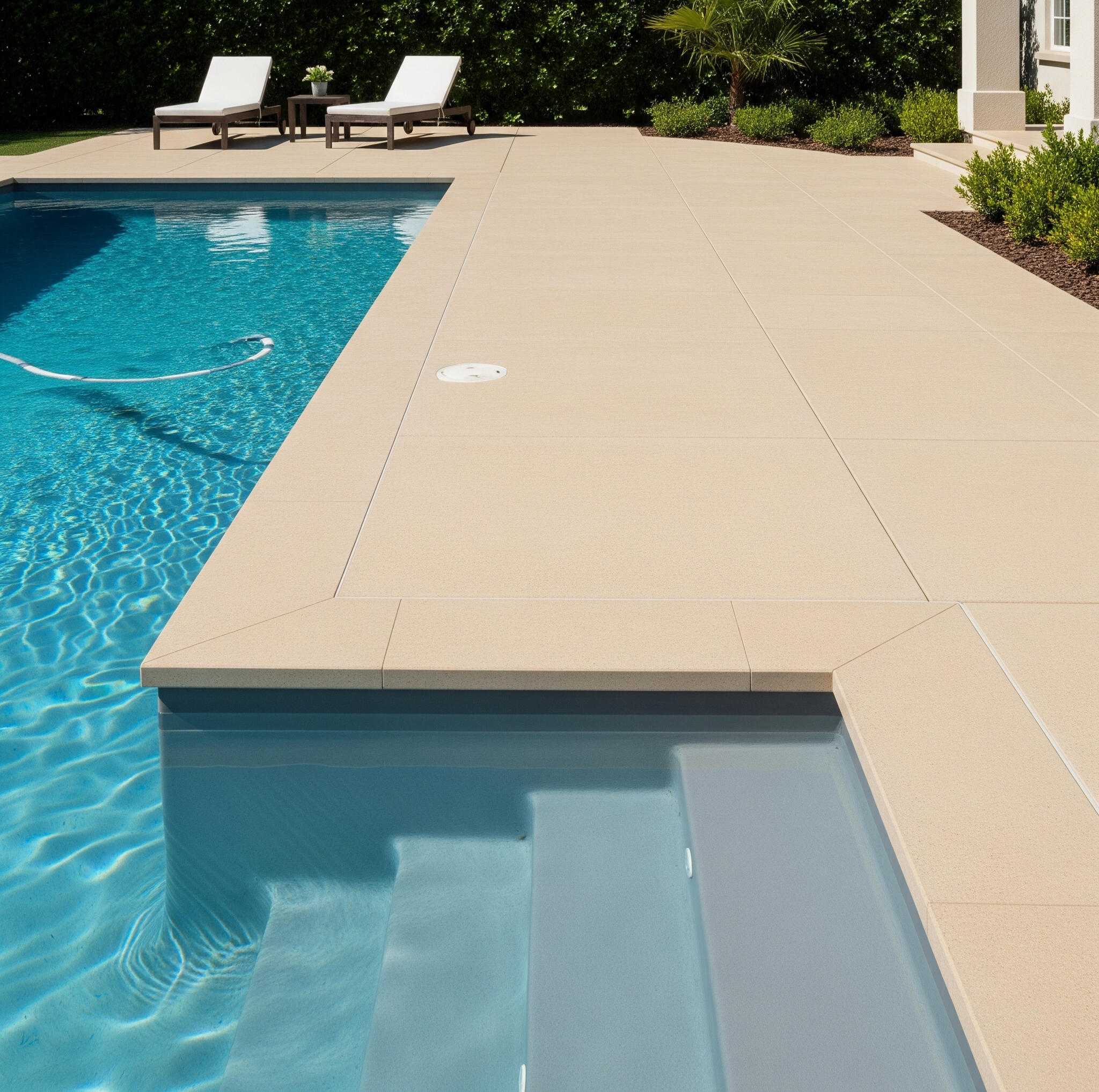 Large concrete pavers with chairs around firepit in a backyard with beautiful landscaping.